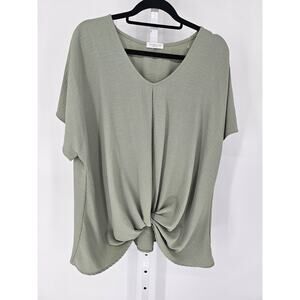 Chic Soul Womens Sz XXL Short Sleeve V Neck Blouse Sage Green Knotted Front